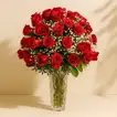 Elegant Bouquet of 50 Scarlet Red Roses in a Crystal Glass Vase