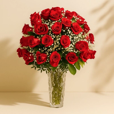 Elegant Bouquet of 50 Scarlet Red Roses in a Crystal Glass Vase
