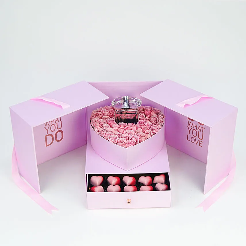 Roses With Perfume In Box Of Love With Mini Mousse Cake