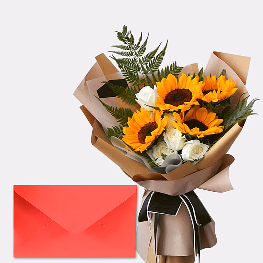 Sunflower & Roses Bunch With Greeting Card