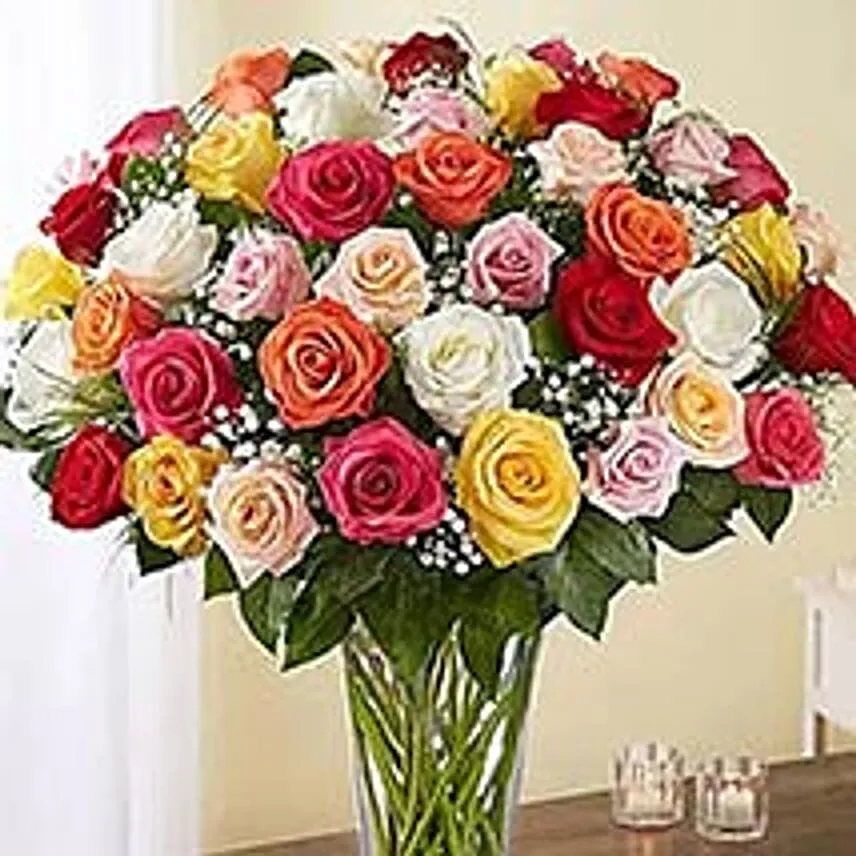 50 Assorted Roses In Glass Vase Add