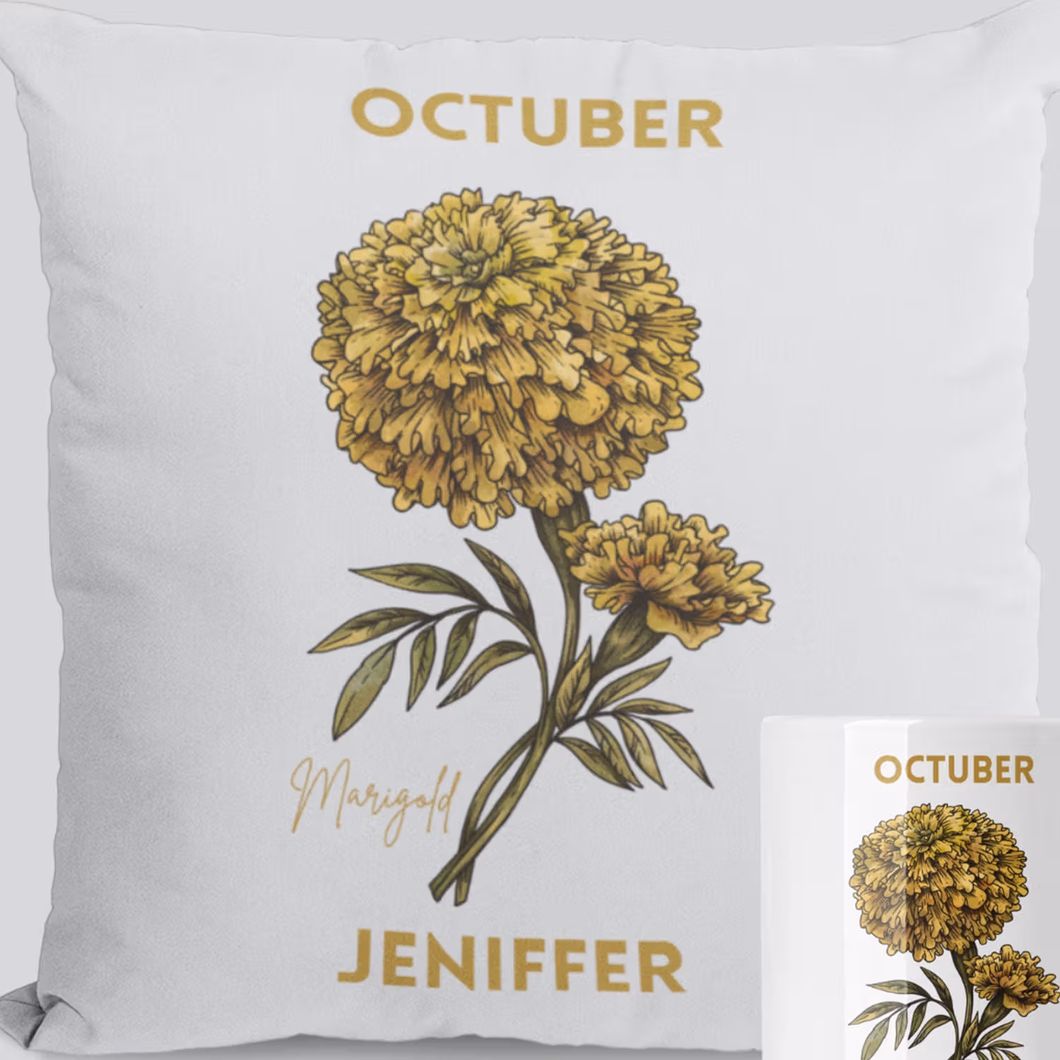 Personalised October Mug And Cushion Yellow Marigold