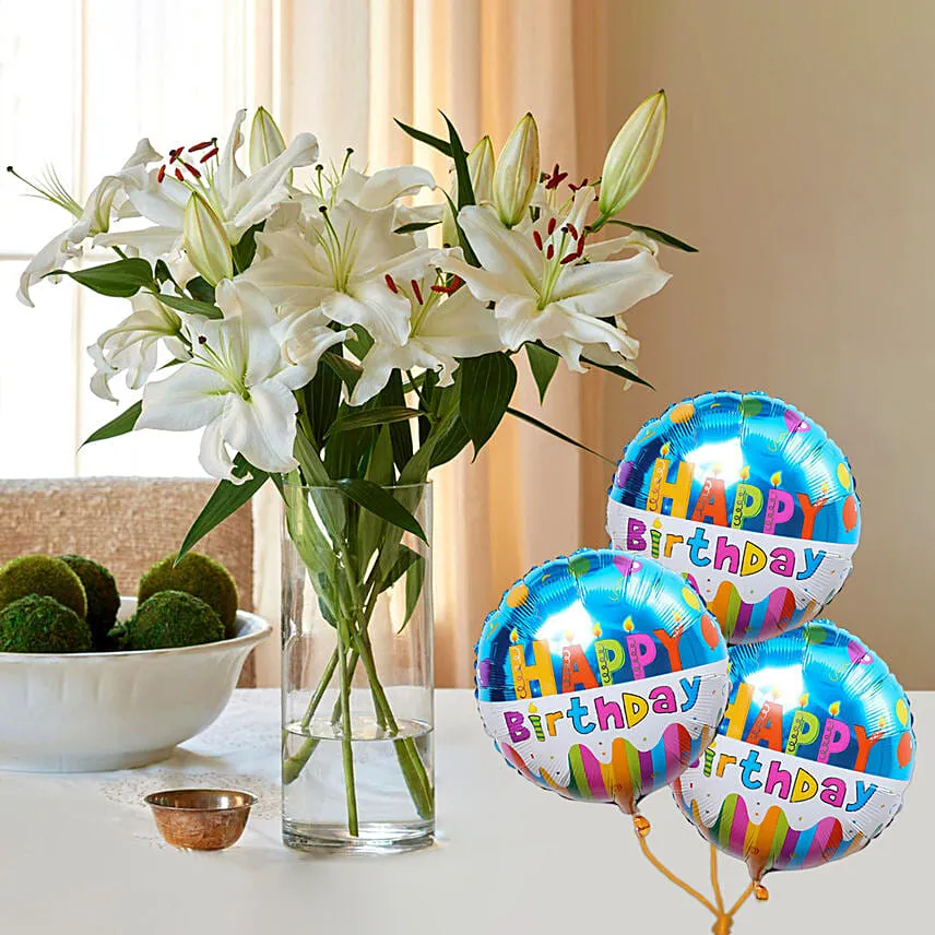 Happiness With Lilies Arrangement And Birthday Balloons
