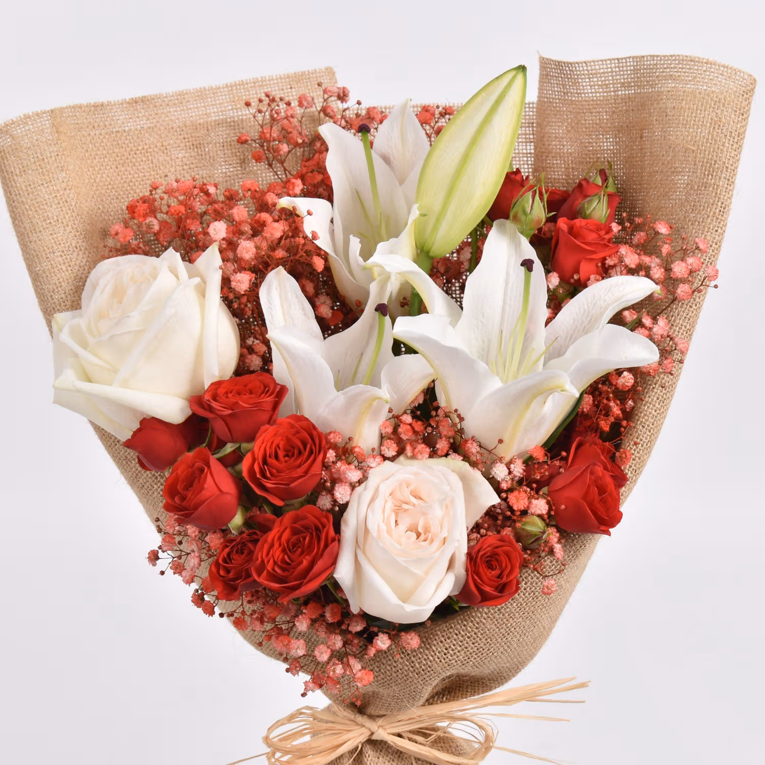 Elegant Lilly Shade Bouquet - A Symphony of White and Red Roses