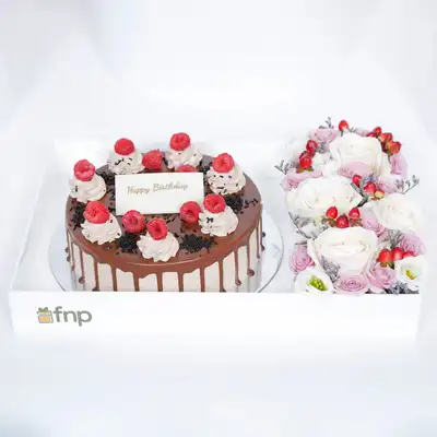 Chocolate Delight Birthday Cake with Elegant Floral Arrangement