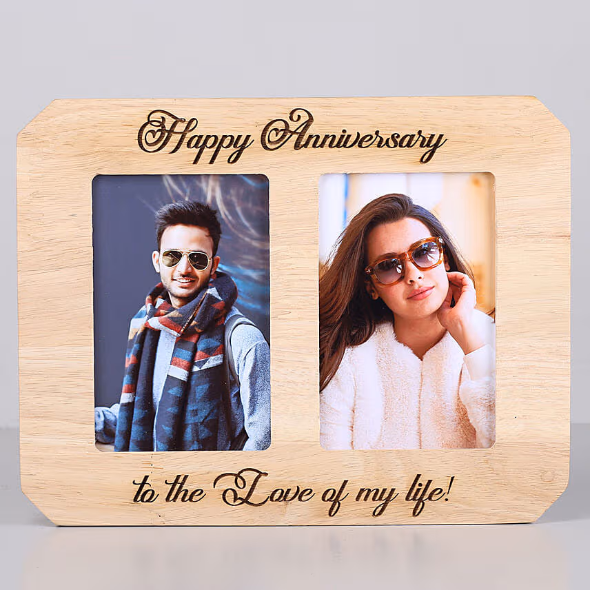 personalised happy anniversary wooden photo frame with card