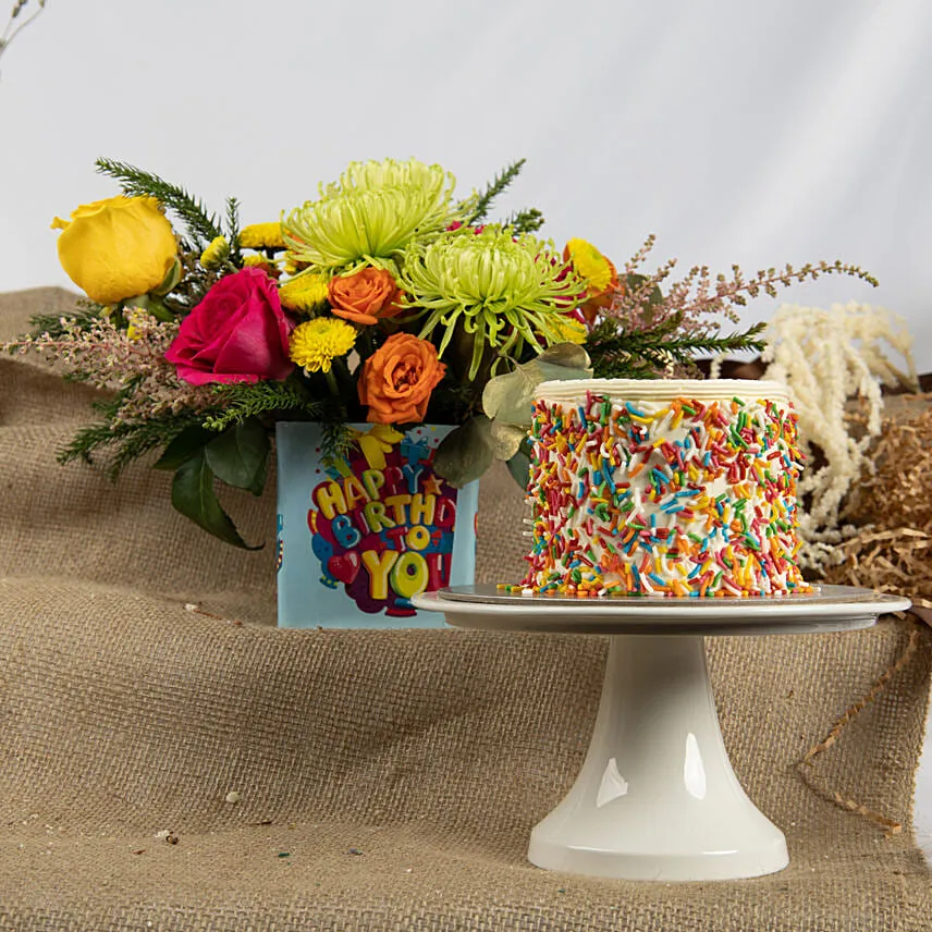 Estatic Birthday Flowers Vase and Cake Bundle