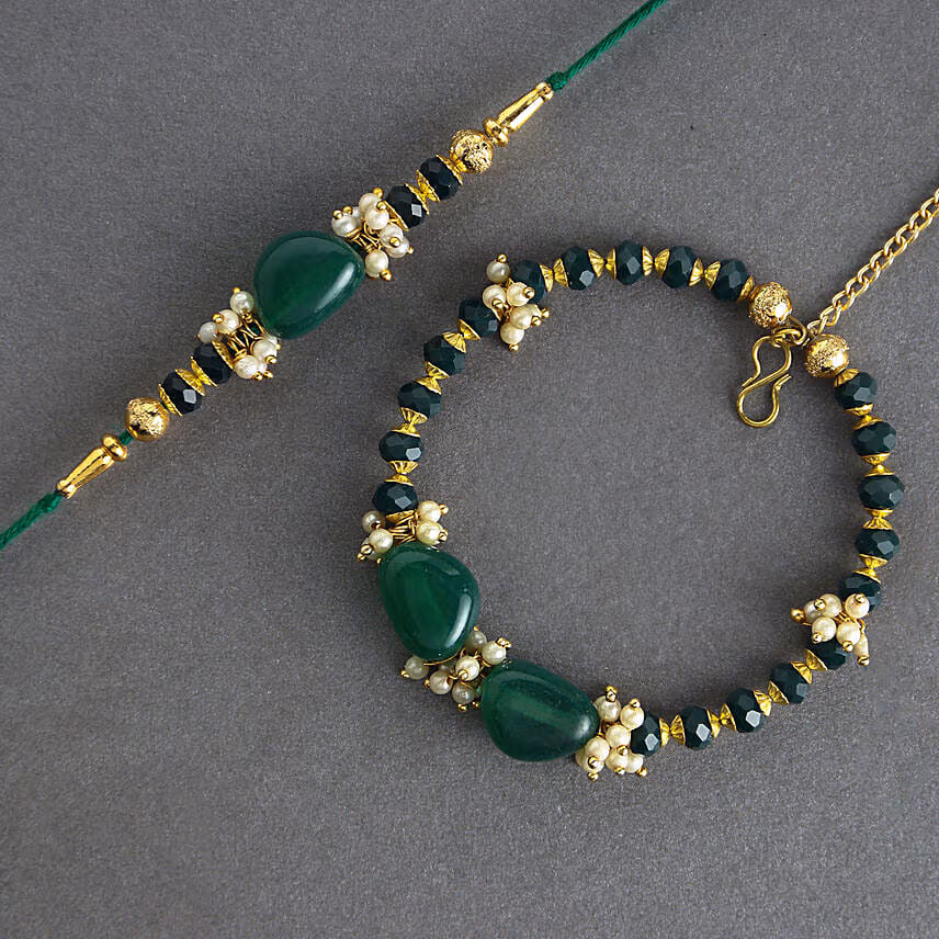 Enchanted Stone Work Lumba Pearl Rakhi Set for Bhaiya Bhabhi