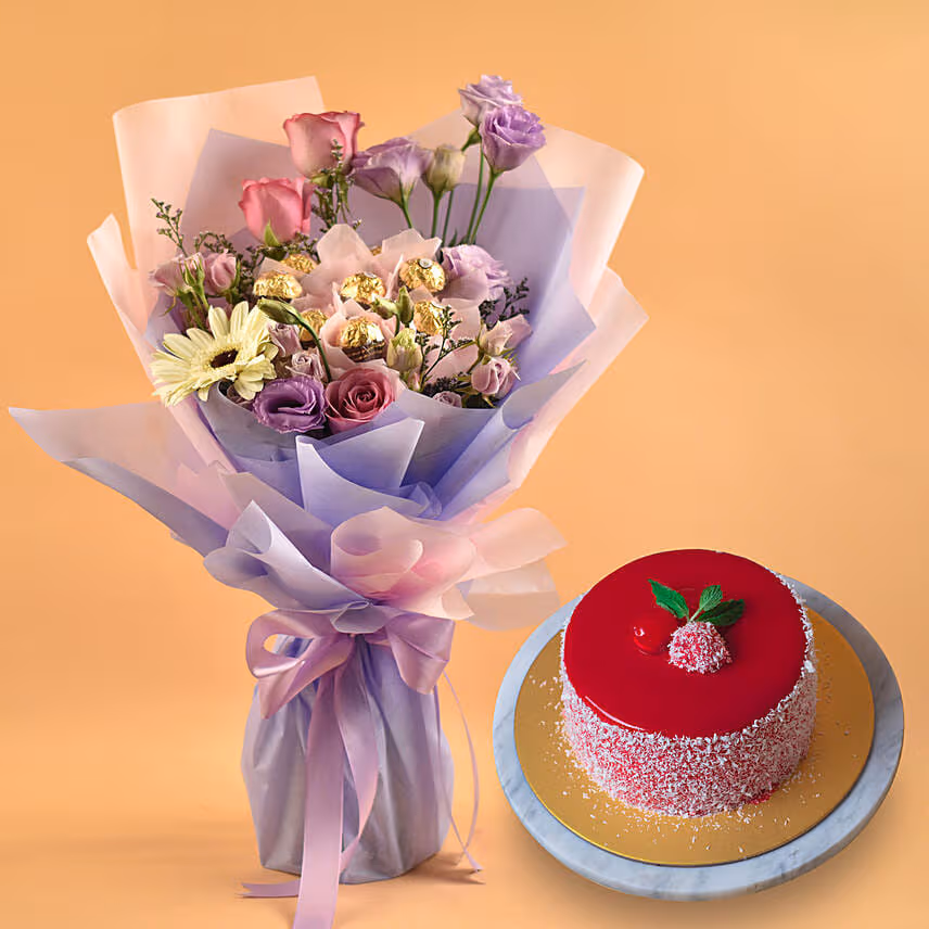 Mixed Flowers & Ferrero Rocher Bouquet With Cake For Love