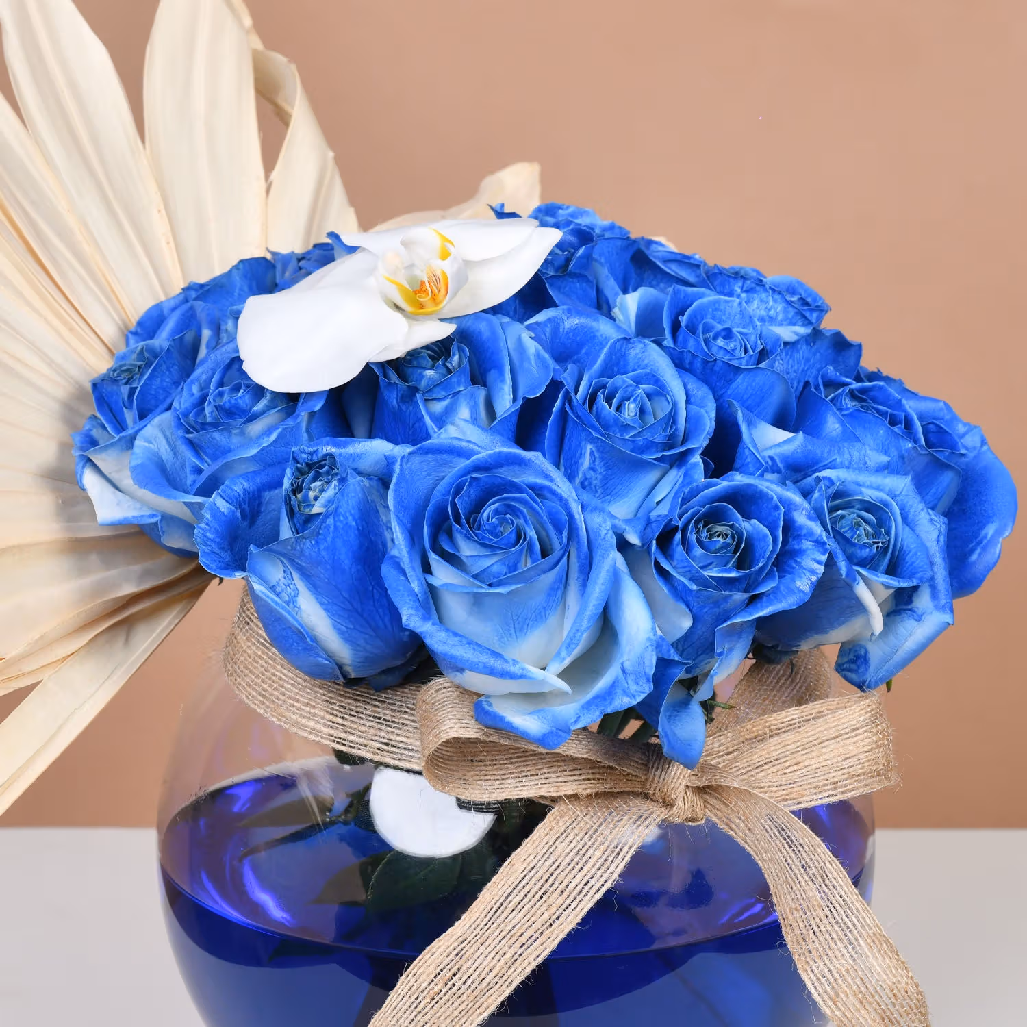 Mystic Blue Rose Ensemble in Elegant Fish Bowl Vase