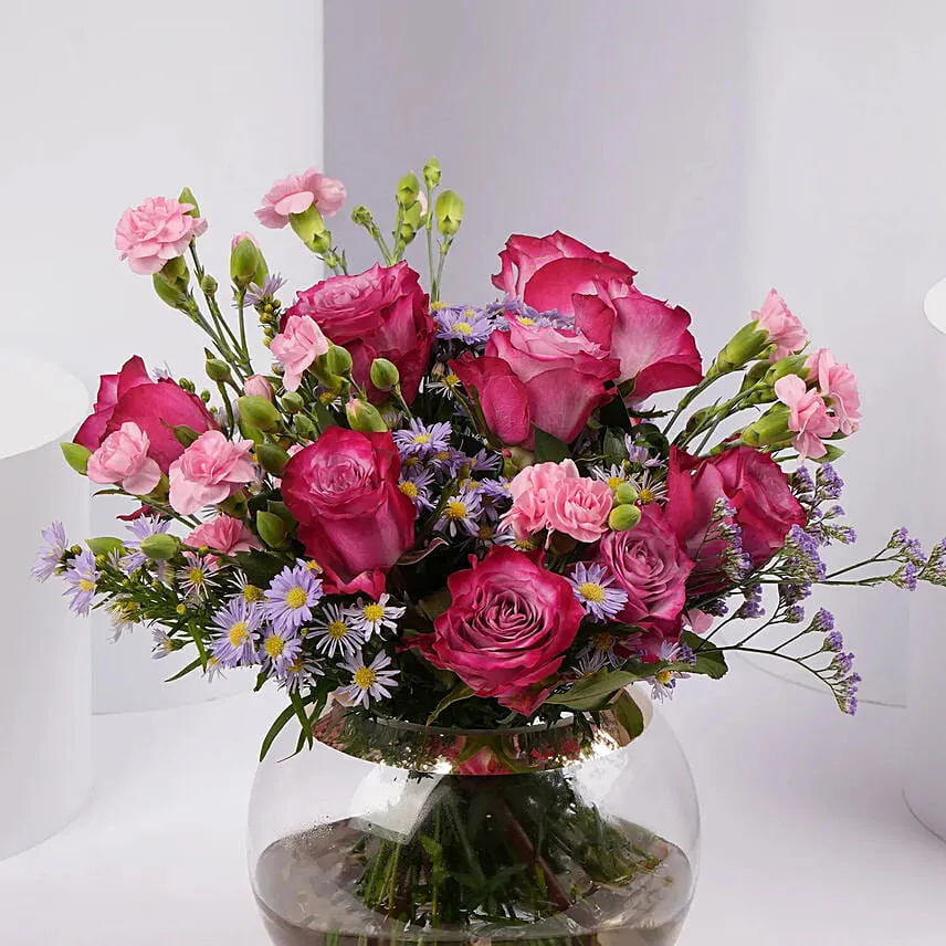 Elegant Rose and Carnation Bouquet in Glass Vase
