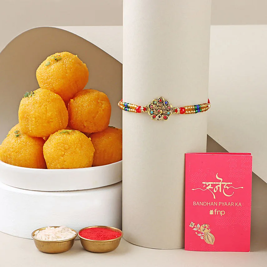 Sneh Designer Peacock Rakhi with Motichoor Laddoo