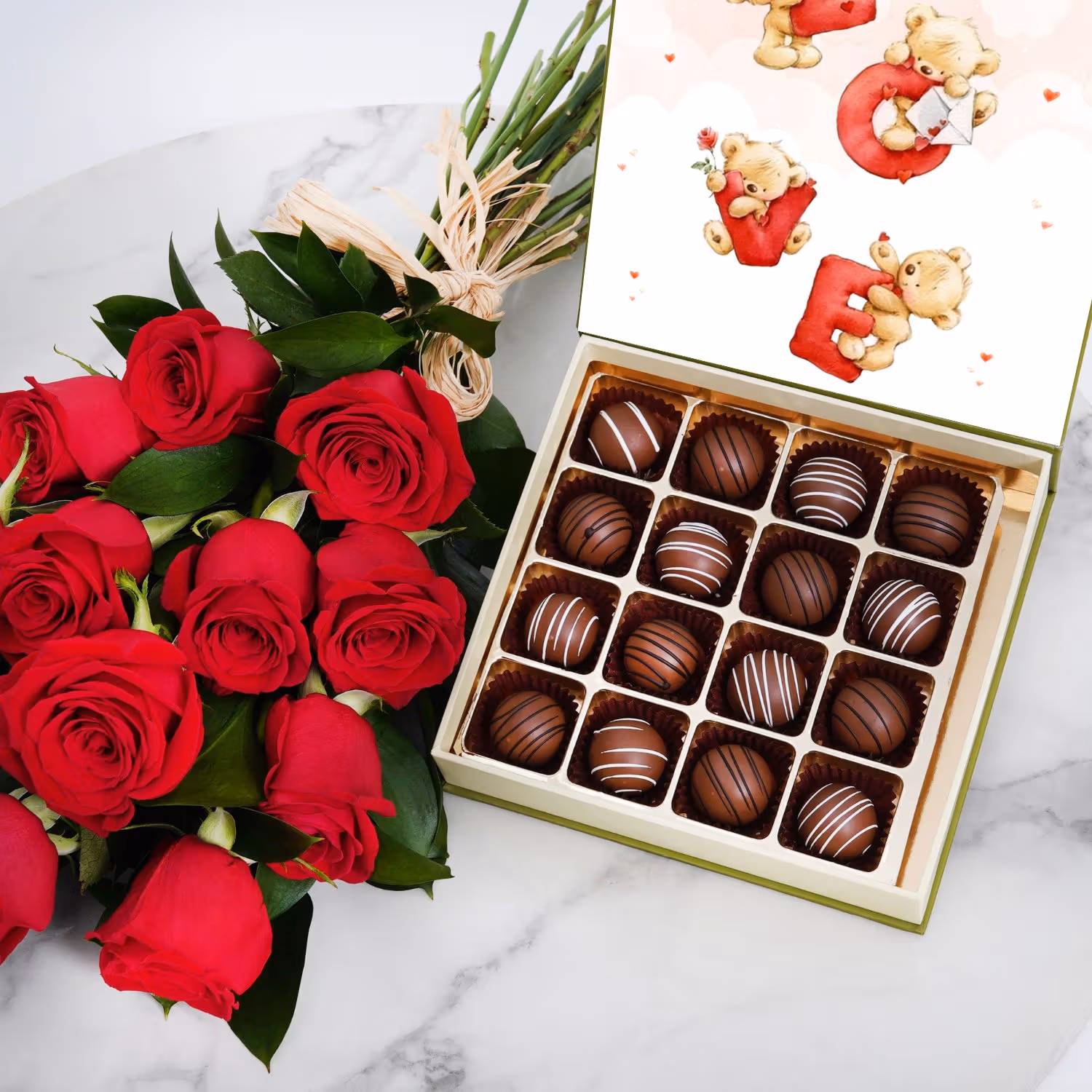 Elegant Red Rose Bouquet and Gourmet Belgian Chocolates Gift Set
