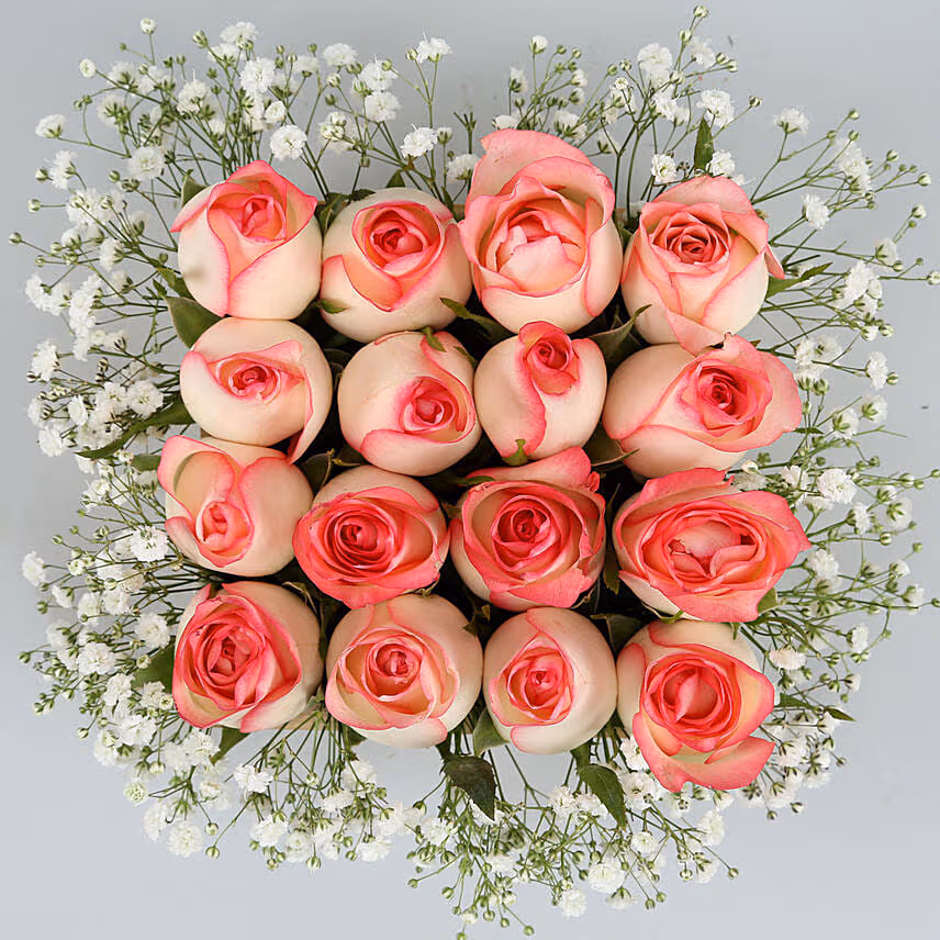 16 Pink Roses Arrangement In Wooden Base