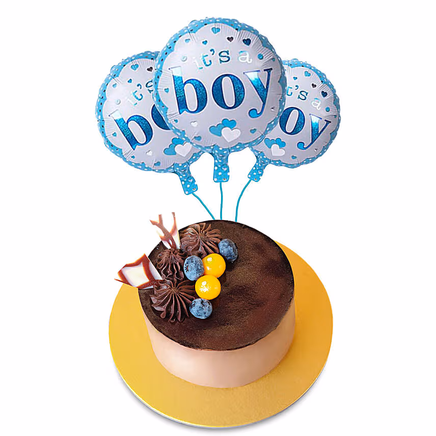 Tempting Chocolate Cake With It's Boy Balloons Set