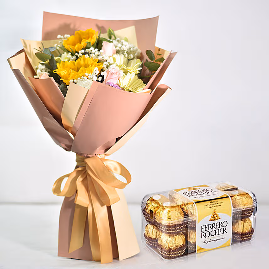 Premium Mixed Flowers Bouquet With Ferrero Rocher