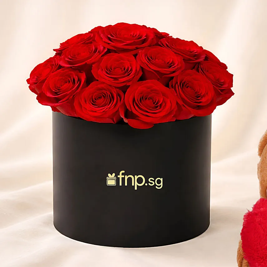 Box of Red Roses with Teddy