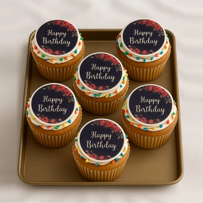 Delicious Chocolate Happy Birthday Cupcakes - 6 Pieces