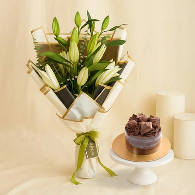 Mini White Lily Bouquet - With Cake