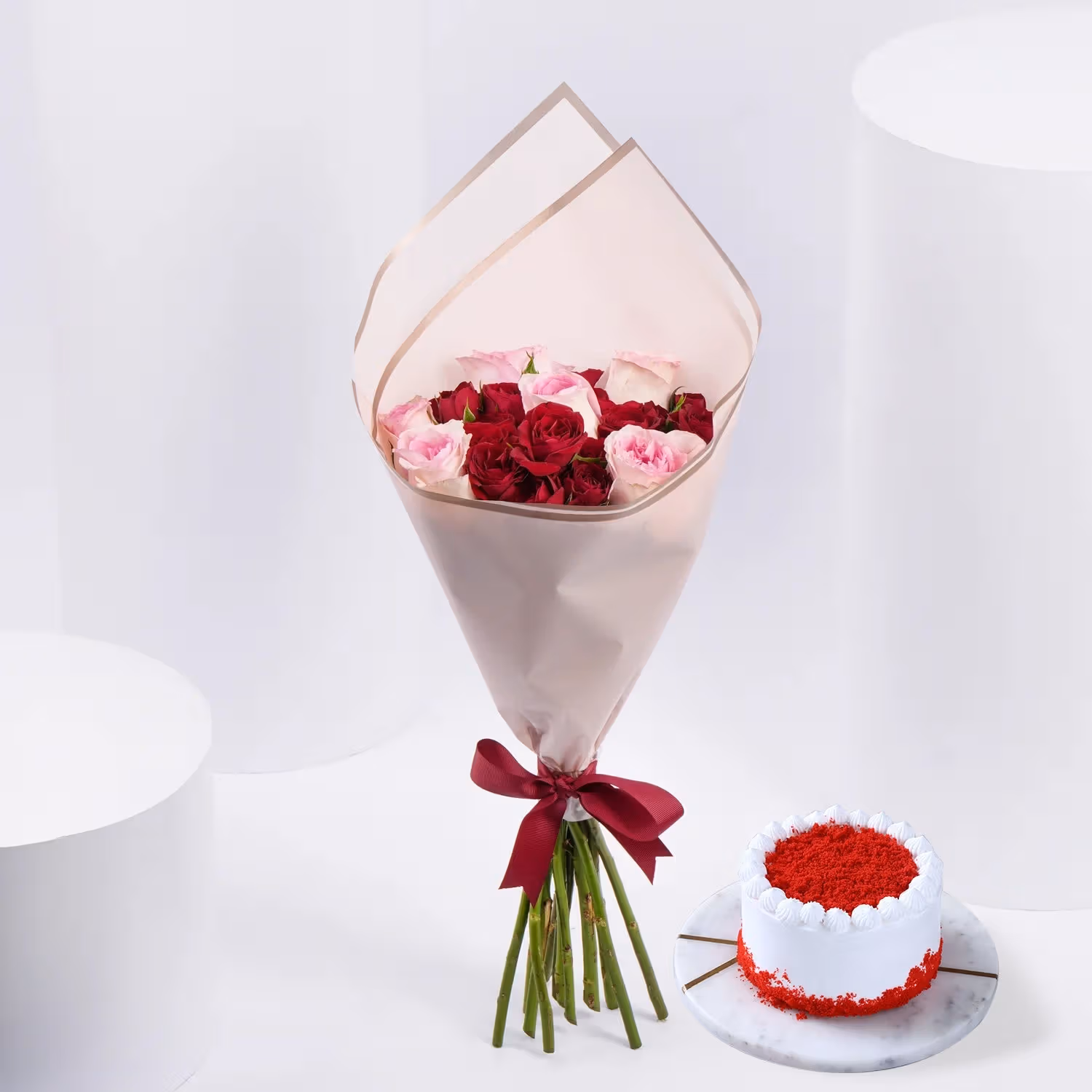 Moments in Bloom: Elegant Pink and Red Rose Bouquet - With Cake