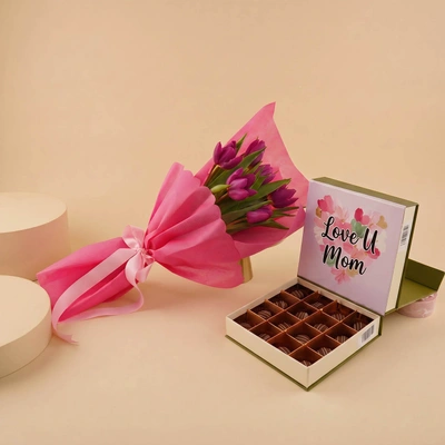 Purple Tulip Bouquet with Chocolate For Mom