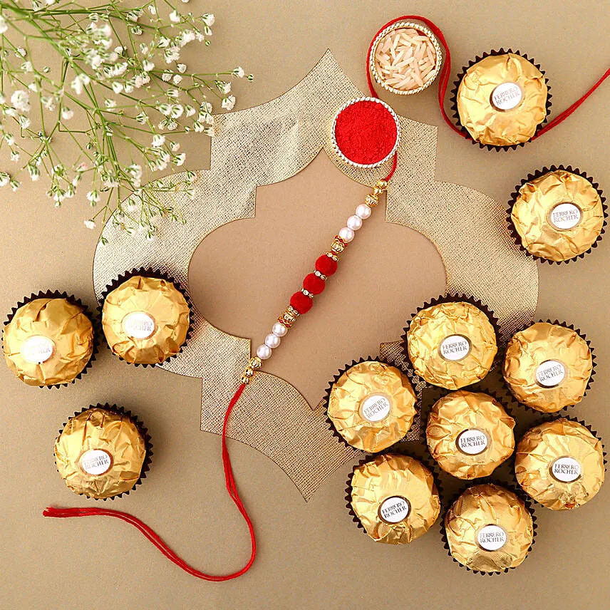 Sneh White Pearl Rakhi & Ferrero Rocher Box
