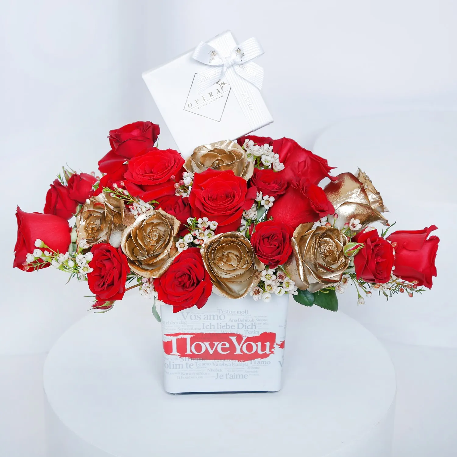 Love's Sweet Embrace Vase with Gold & Red Roses and Chocolates by Opera Patisserie
