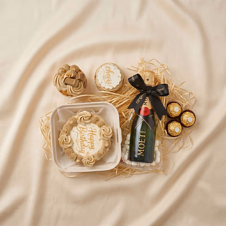 Mini Moet Champagne and Birthday Bento Cake Gift Box