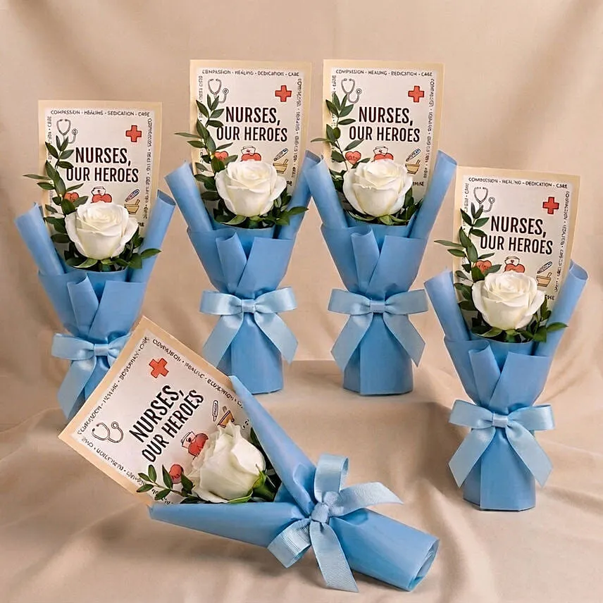 Nurses, Our Heroes - White Rose Mini Bouquet x5