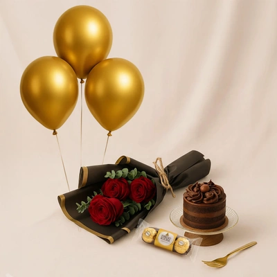 Red Roses n Cake Love Combo - With Balloons and Chocolate