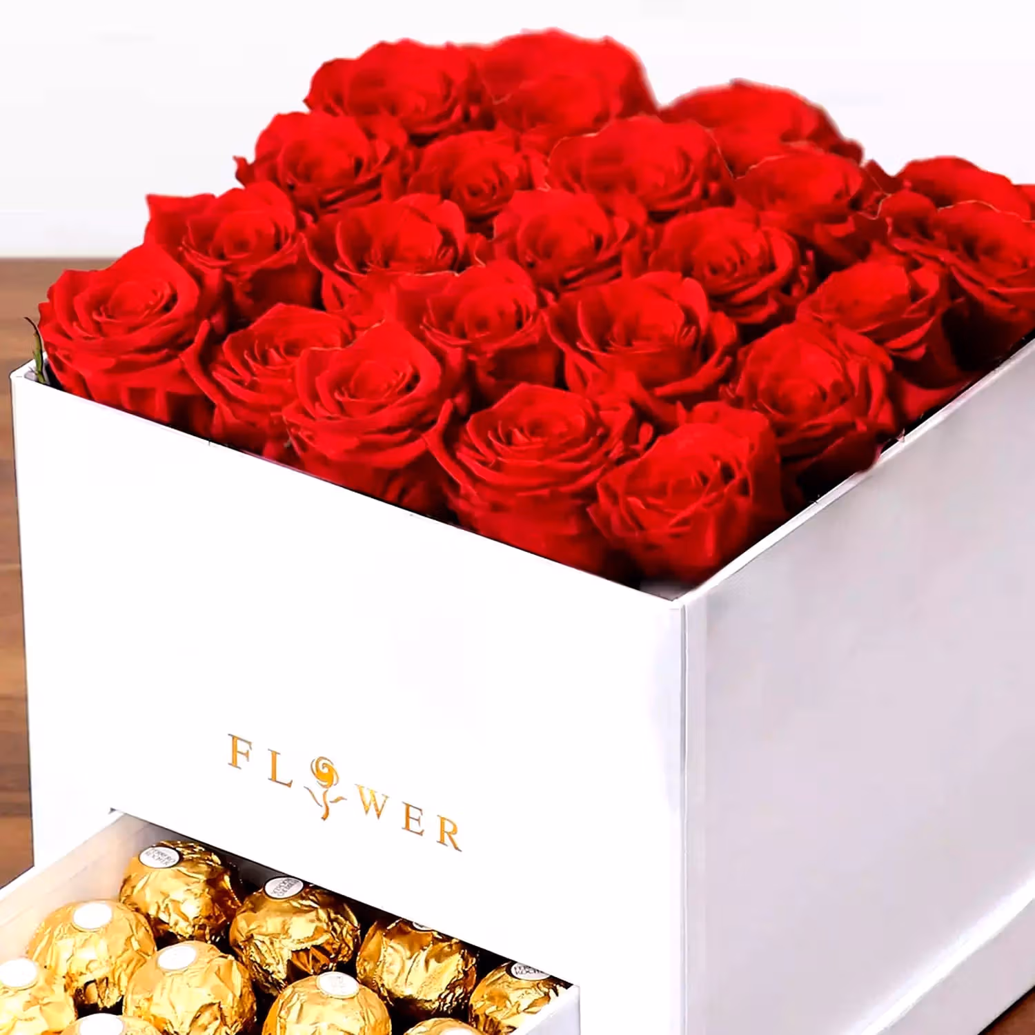 Luxurious Classic Red Roses with Ferrero Rocher in an Elegant White Box
