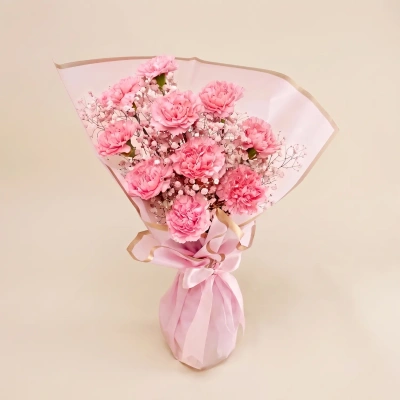 Exquisite 10 Pink Carnation Bouquet with Baby's Breath