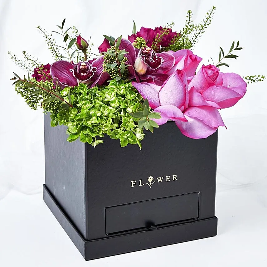 Beautiful Mixed Flowers Box Arrangement With Ferrero Rocher