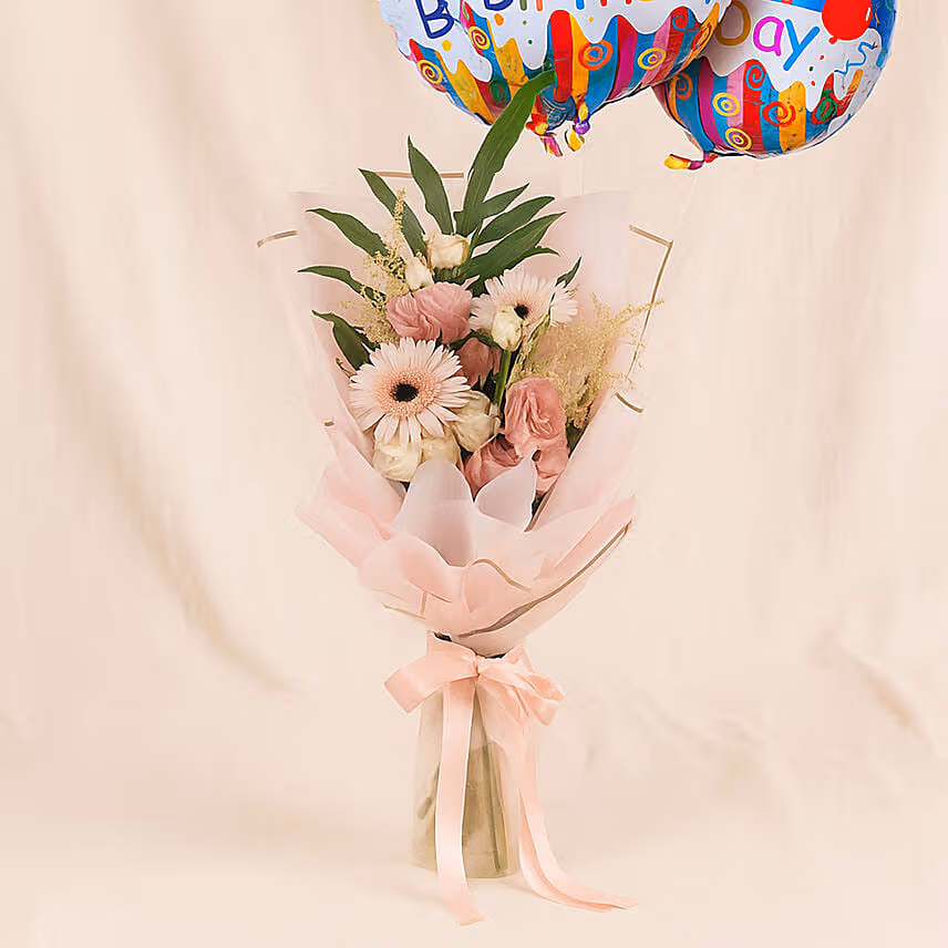 Dignified Mixed Flowers Bouquet with Birthday Balloon Set