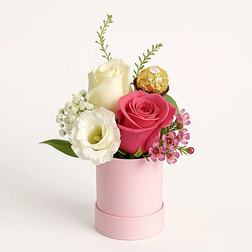 Pink Roses Box With Rocher Add