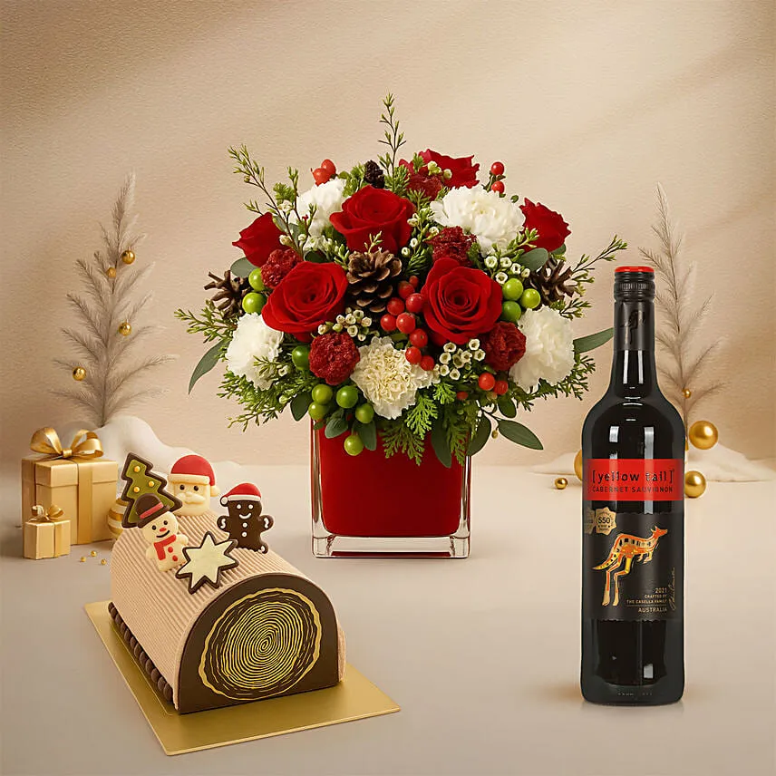 Xmas Red Floral Vase With Wine n Log Cake