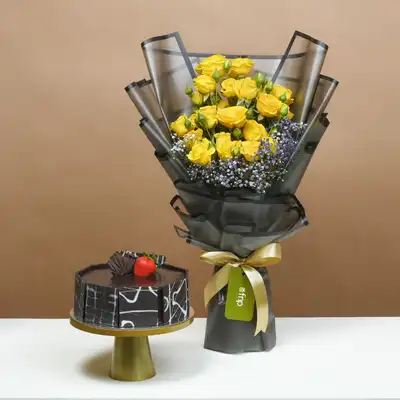 Golden Twilight Roses & Chocolate Cake Delight Gift Set