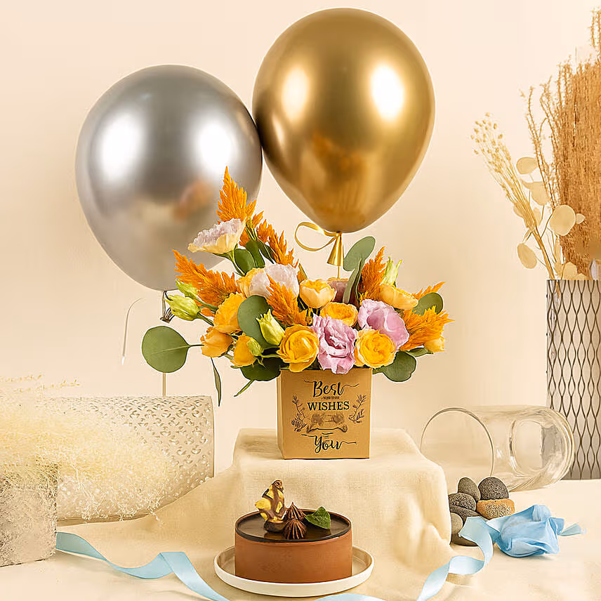 Best Wishes Flowers with Mono Cake & Balloons