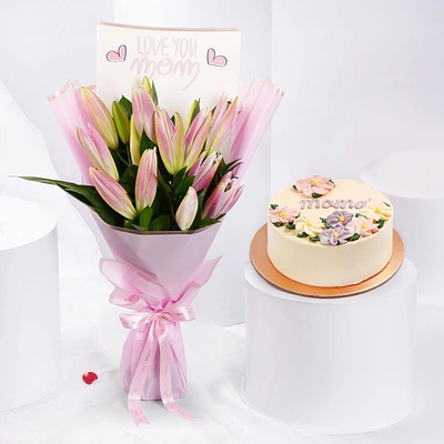 Pink Lily Bouquet For Mom - With Cake