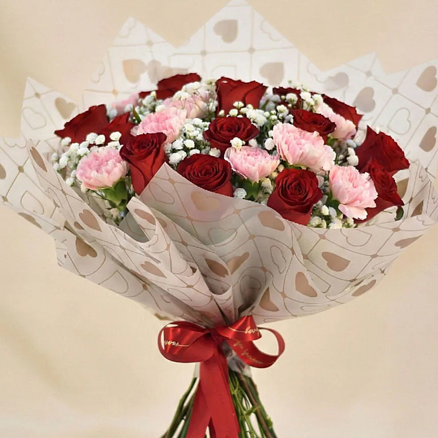 Carnation n Red Roses Bouquet