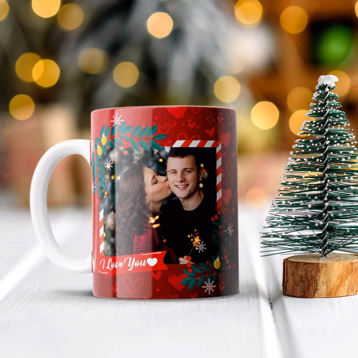 Customizable Red Merry Christmas Ceramic Mug with Photo Print