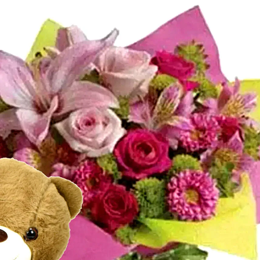 Mixed Flower Arrangement and Teddy Combo