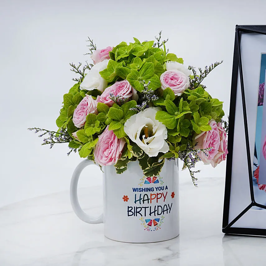 Birthday Flowers in Mug with Photo Frame