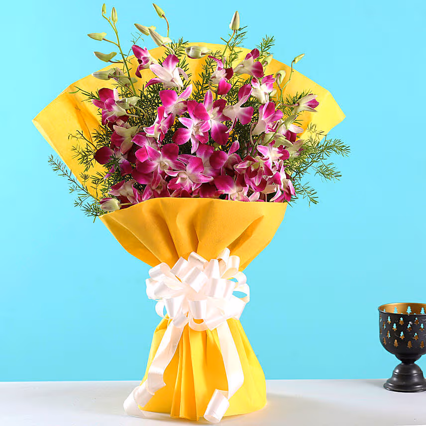 Ten Exotic Purple Orchids Bouquet With Cake