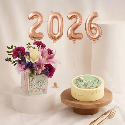 Happy New Year Flower Vase - With Cake N Balloons