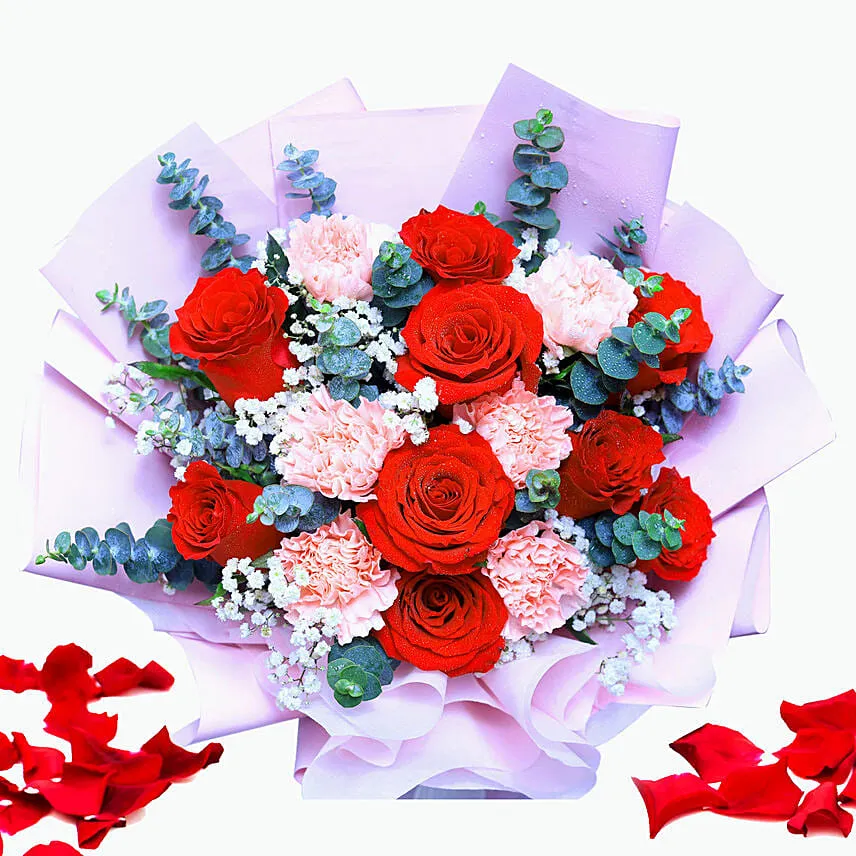 Mixed Flower Bouquet With Red Velvet Heart Shaped Cake