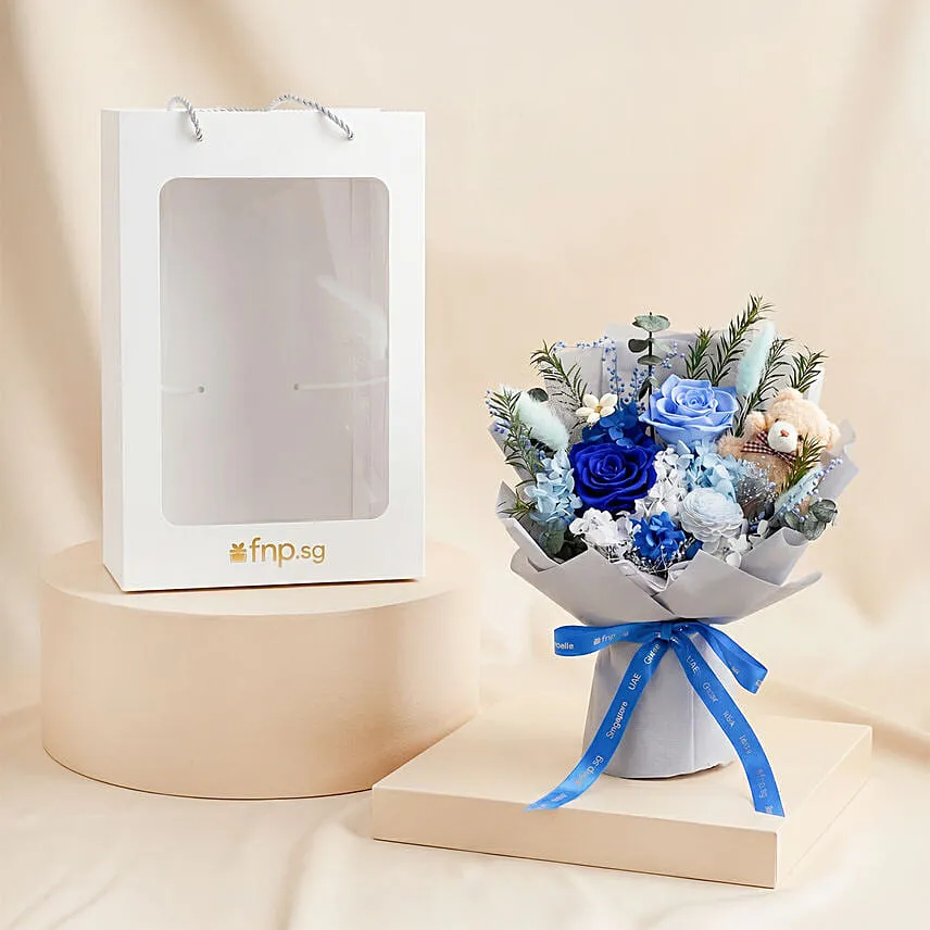 Mystic Blue Preserved Rose Bouquet with Teddy Bear