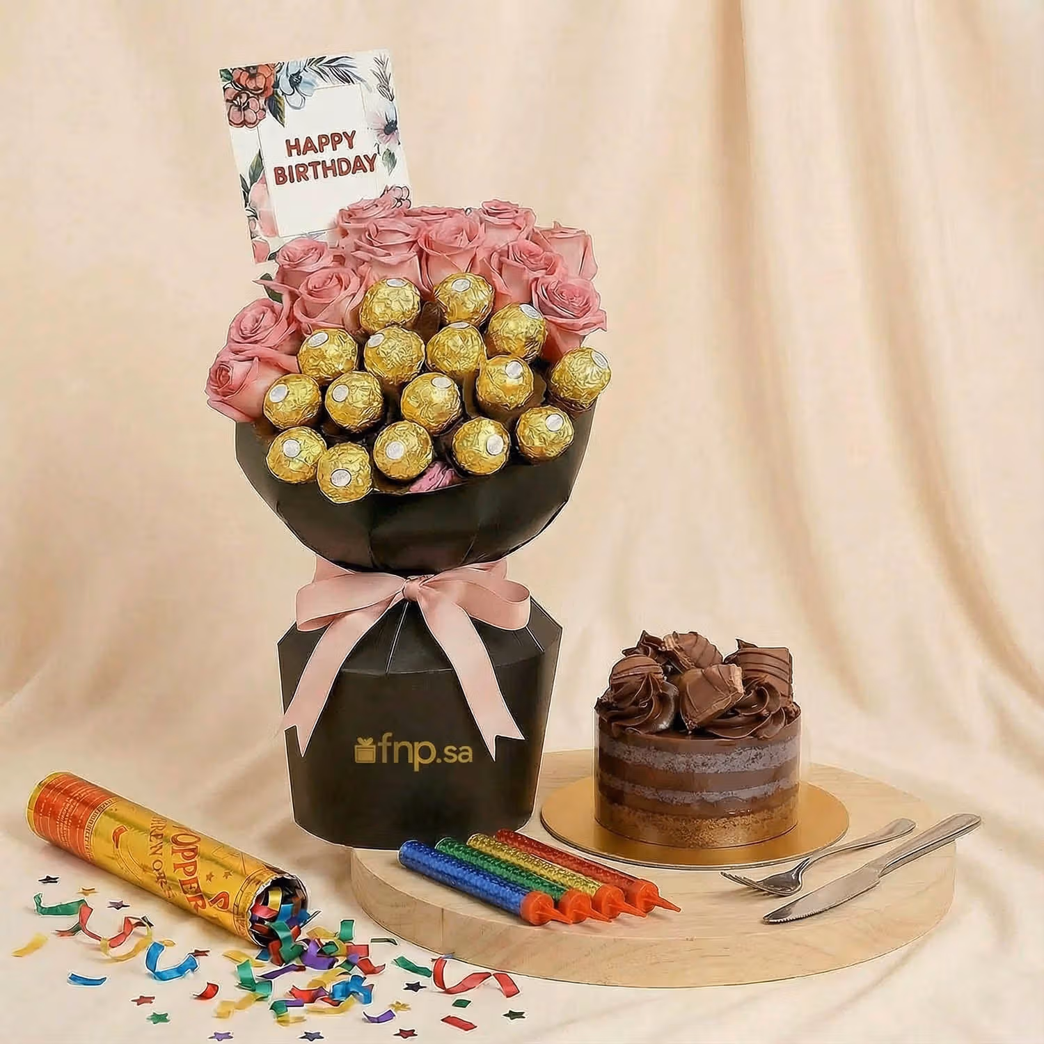 Purple Roses & Chocolate Birthday Bouquet