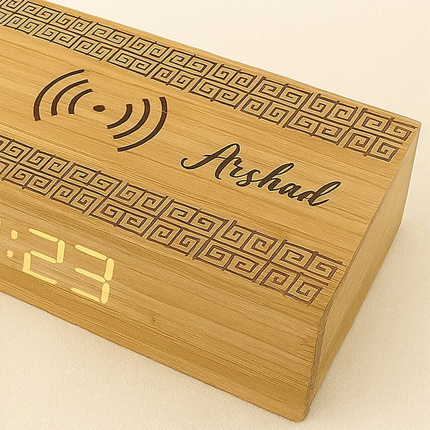 Engraved Text Bamboo Wireless Charger with Clock