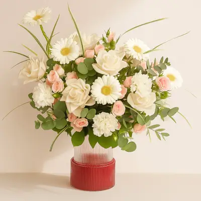 Crystal Bloom Harmony: Elegant White and Peach Floral Arrangement